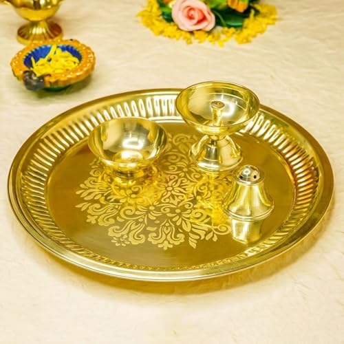 Image of Ekhasa 100% Pure Brass Pooja Thali Set | Puja Thali Set for Home Or Gifting | Brass Aarti Thali for Pooja, Mandir, Wedding, Festivals | Pital Pooja Set Items for Home Decorative | Peetal Plate