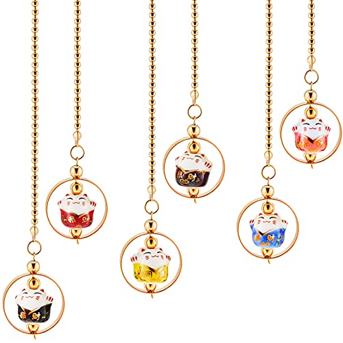 3 Pieces Lucky Cat Car Charm Pendant with Chain Multi Color Porcelain Figurine Hanging Lucky Car Rearview Mirror Pendant and Home Decor Lucky Hanging Accessories for Cat Lover and Women