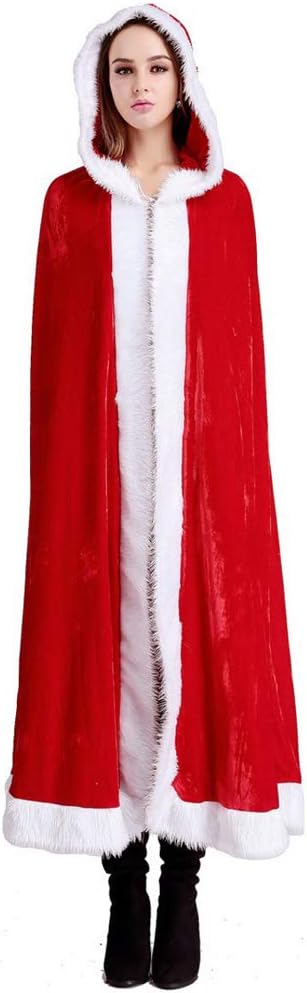 Women Christmas Costume Red Cloak with Hood Velvet Cape Santa Coat Hooded Cape