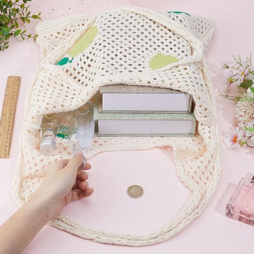 Image of GORGECRAFT Crochet Tote Bag Women Knitted Handbags Green Mango Pattern Retro Hollow Woven Shoulder Bags Boho Foldable