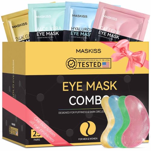 Maskiss Under Eye Patches(25 Pairs), 24K Gold, Caffeine, Hyaluronic Acid, Aloe Vera Eye Masks for Dark Circles Puffy Eyes Undereye Bags, Eye Skin Care Gift Set for Bachelorette Party Favors