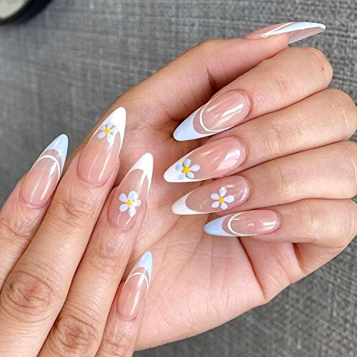 24Pcs Daisy Press on Nails, Almond Press on Nails Medium Length Fake Nails French Tip Press on Nails Coffin Spring Summer False Nails Exquisite Design White Flower Acrylic Press on Nails for Women