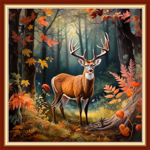 Image of Foxhool Beginners Cross Stitch Kits Stamped Full Range of Embroidery Kits for Adults DIY Cross Stitches kit Embroidery Patterns for Needlepoint kit-Forest elk 18x18 inch