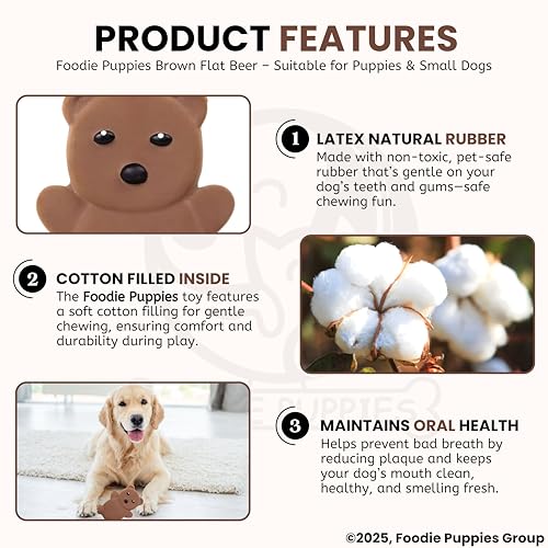 Image of Foodie Puppies Dog Squeaky Chew Latex Rubber Toy - (Brown Flat Beer) for Small Dogs & Puppies | Durable, Soft, Animal Design, Fetch & Chew Safe Play Toy | Reduce Separation Anxiety