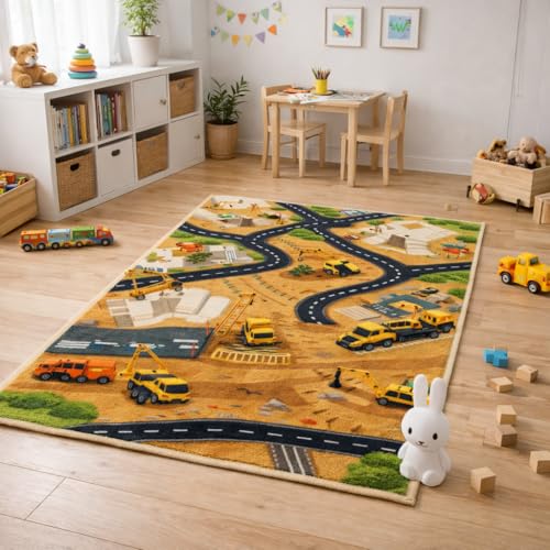 Image of Matz&More Kids Play Area Rug, Brown Children Construction Track Design 100 x 150 CM