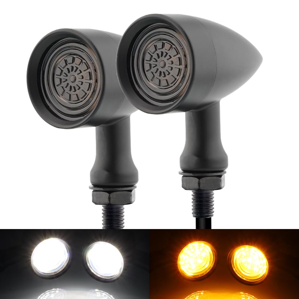 TSUNG Universal Motorcycle SMD LED Turn Signals 12V Brake Tail Lights Running Lights for Cruiser Chopper Bobber Cafe Racer Street Bike (White&amp;Amber Light-Black)