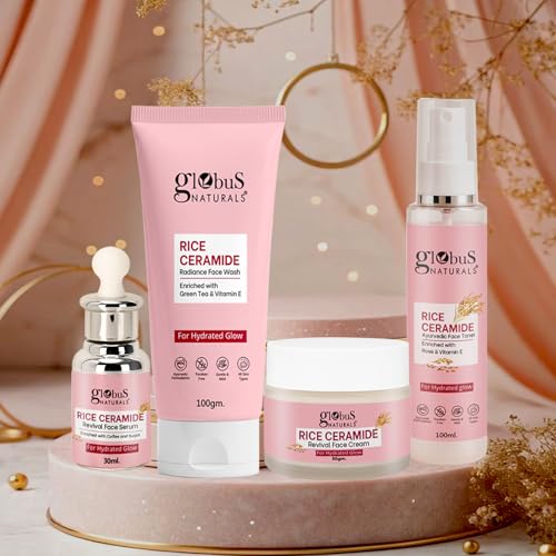 Image of Globus Naturals Rice Ceramide Korean Glass Skin 4 Step Skincare Range | Face Wash, Cream, Serum, Toner | Brightening & Glow Care for Men & Women