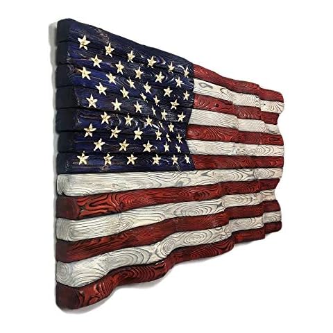 Wood American Flag | Hand Carved Rustic Waving Wood Flag | Signature Series Red White and Blue Finish | Large - 19.5” x 37” - Veteran Crafted Cover