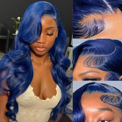 Image of 20 Inch Blue Wig Body Wave Lace Front Wigs Human Hair 13x4 HD Transparent Lace Front Human Hair Wig Pre Plucked Colored Glueless Lace Frontal Dark Blue Wigs for Women