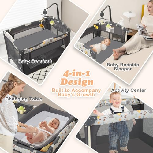COSTWAY 4 in 1 Portable Travel Cot, Foldable Baby Bedside Bassinet with Changing Table, Mattress, Music Box, Wheels & Brakes, Carry Bag - Image 3