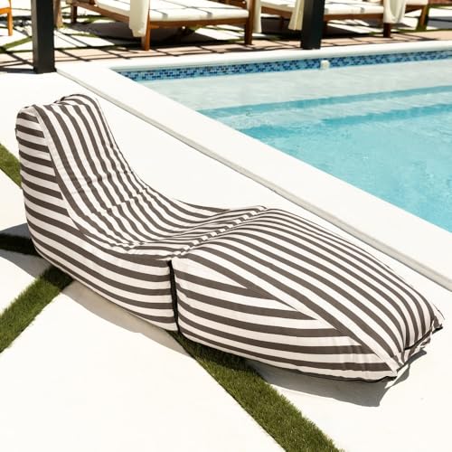 Innovative Chic Lounger Outdoor Bean Bag Chair Supportive Tapered High Back & Roomy Seat | Taupe & White Strips All Seasons Soft Plush Cozy Fluffy Chaise Lounge Removable & Machine-Washable Cover
