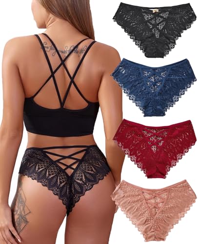 Kingfung Sexy Cheeky Panties for Women Lace Criss Cross Bikini Underwear 1-4 Pack