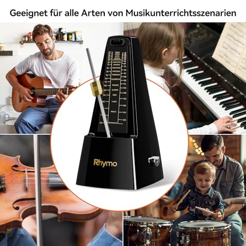 Rhymo Metronom Mechanisch mit Glocke, 40-208 BPM, 4 Genaue Taktarten (2/4, 3/4, 4/4, 6/8) für Klavier, Schwarz