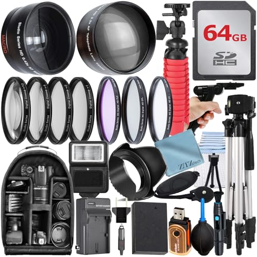 ZeeTech 49mm Accessory Bundle for Canon EOS: R100 R50 R10 M5 M6 Mark II M6 + LP-E17 Battery + 64GB Memory Card + Telephto Lens + Filter Kit + Backpack + Tripod + Battery Charger + More