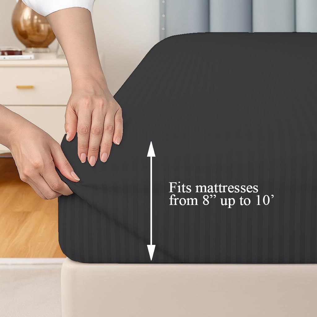 Dark Grey Satin Striped Fitted Sheets - Twin Size -2