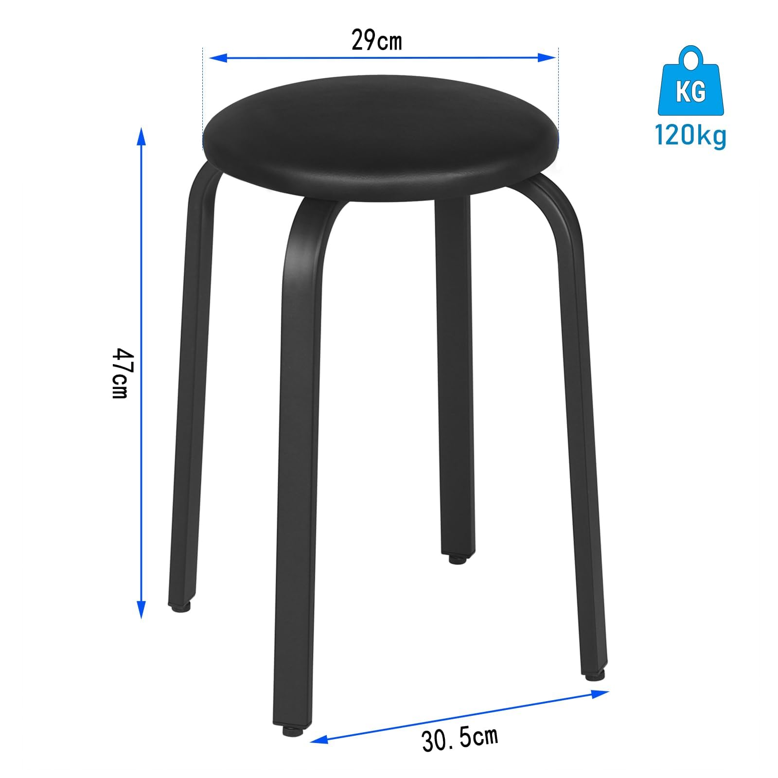 Lestarain 2xTaburete de Comedor Redondo Apilable, Asiento Acolchado, Marco Metálico para Cocina, Comedor, Dormitorio, Pasillo, Negro, LCNI116002-2