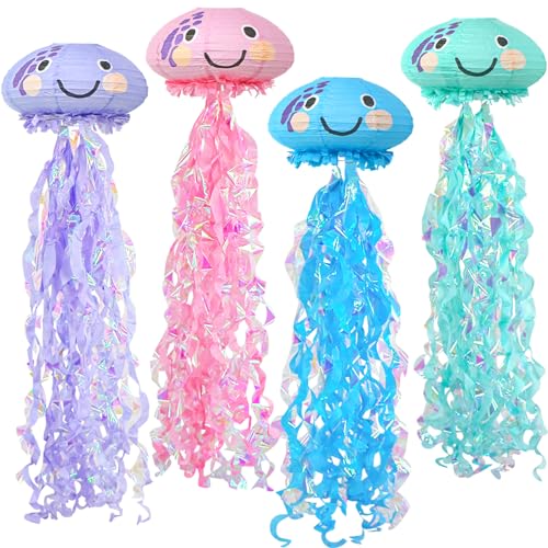 Jelly Fish Paper Lanterns Set, 6Pcs Jellyfish Hanging Lantern for Mermaid Under The Sea Ocean Birthday Party Decorations Baby Shower Room Decor(4Pcs)