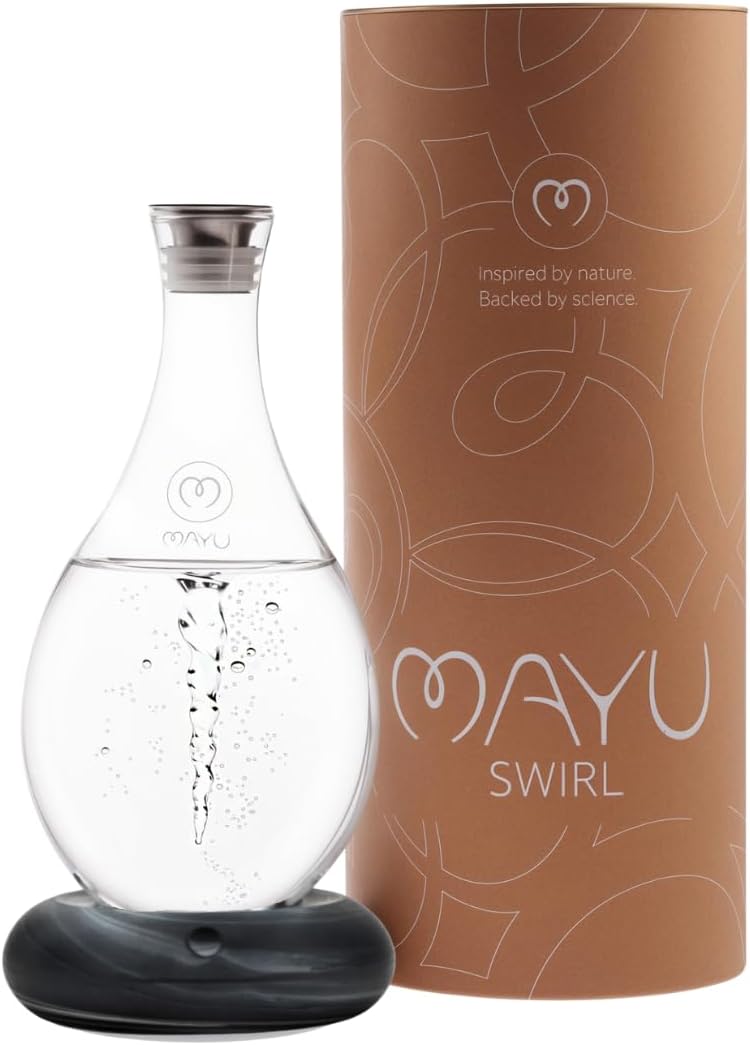 MAYU Swirl Structured Water Pitcher - Handblown Glass Carafe 1.5 Liter Design Jug - Dispenser Stand with Innovative Vortex Technology - Great for Reverse Osmosis Filter Users |51 Oz (Onyx Base)