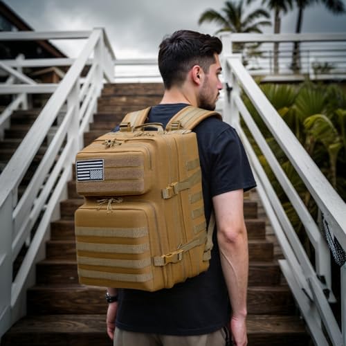 Military Tactical Backpack for Men and Women Molle 45L Large Army 3 Days Assault Pack Bug Out Bag Water Resistant and Heavy Duty Hiking Camping Treeking Rucksack -Tan - Image 3