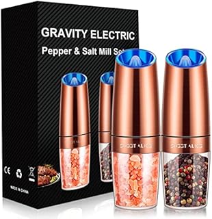 Gravity Electric Pepper and Salt Grinder Set, Adjustable Coarseness, Battery Powered with LED Light, One Hand Automatic Operation, Stainless Steel Copper, 2 Pack