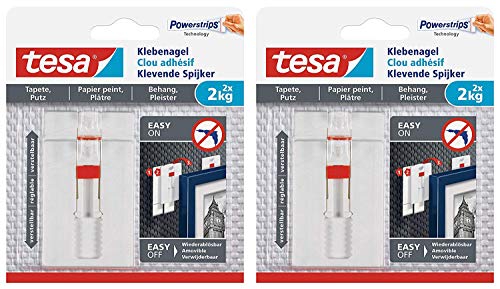 Preisvergleich Produktbild tesa Verstellbarer Klebenagel (für Tapeten und Putz 2 kg, Höhenverstellbarer, selbstklebender Wandnagel, bis zu 2 kg Halteleistung pro Nagel) 2er Pack (2 Packungen / 2 kg)