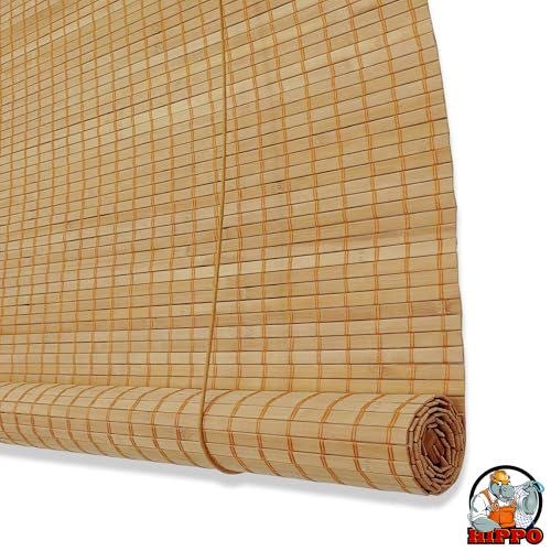 Image of HIPPO Bamboo Curtains - W-4 FT X H-9 FT Rope Mechanism Roll Up Down Indoor Bamboo Shade for Sun & Dust Protection for Home Window, Balcony, Restaurant, Hotel, Resort (Natural Wood)