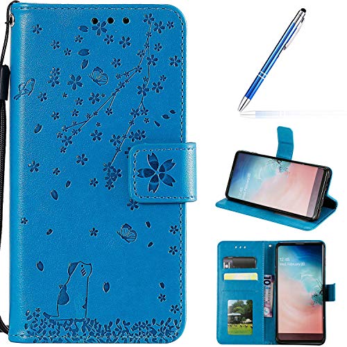 Robinsoni Case Compatible with Samsung Galaxy A40 PU Leather Wallet Cover Butterfly Case Glossy Glitter Cherry & Cat Printed Book Case TPU Silicone Inner Case Folio Flip Magnetic Floral Case Blue