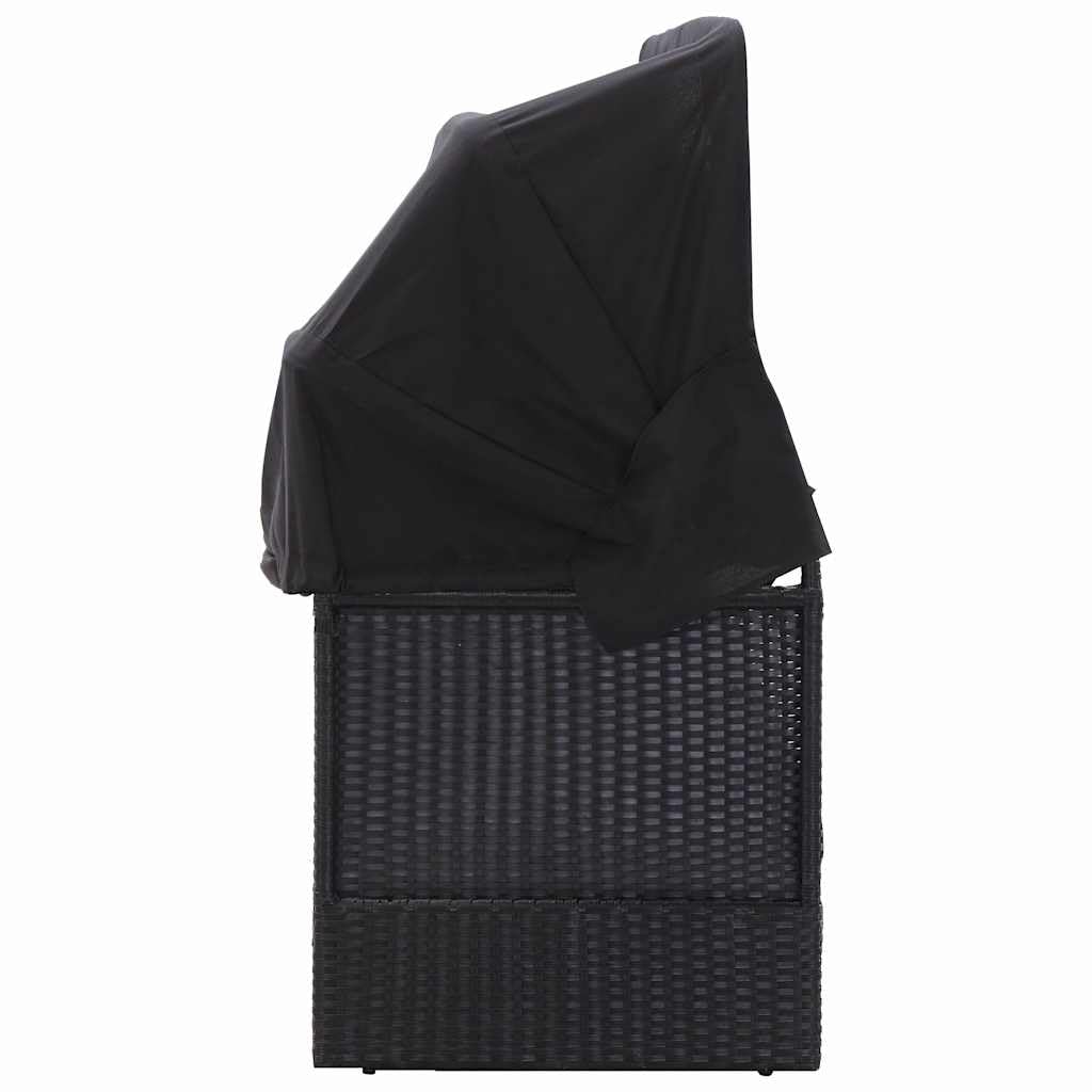 Divano letto da esterno con tettuccio in rattan sintetico resistente, nero, resistente alle intemperie, con tettuccio parasole girevole, 205 x 62 x 124 cm, cuscino morbido per prendere il