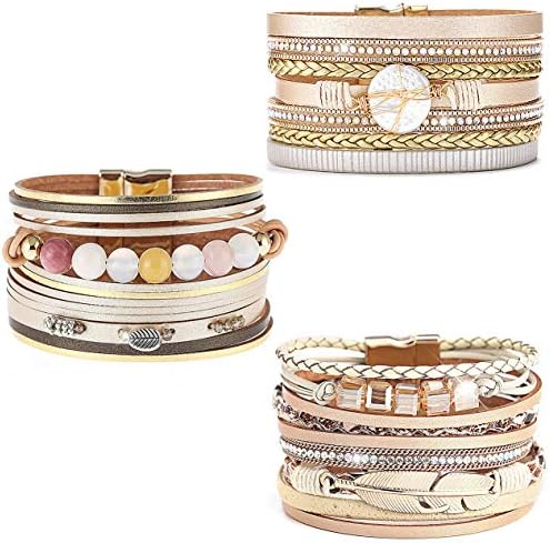 Wowanoo 3Pack Leather Cuff Bracelet Set Multilayer Wrap Bracelet Crystal Feather Tree Bracelet Magnetic Clasp Bracelet for Women