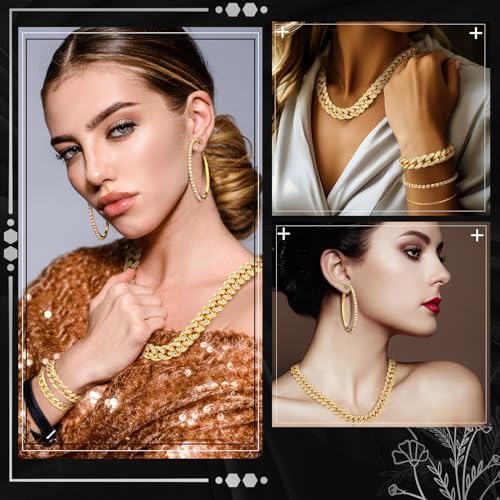 Yinkin 6 Pcs Link Chain jewelry sets for Woman with Rhinestone Necklace Bracelet Earrings Bling Diamond chunky Chain Jewelry4