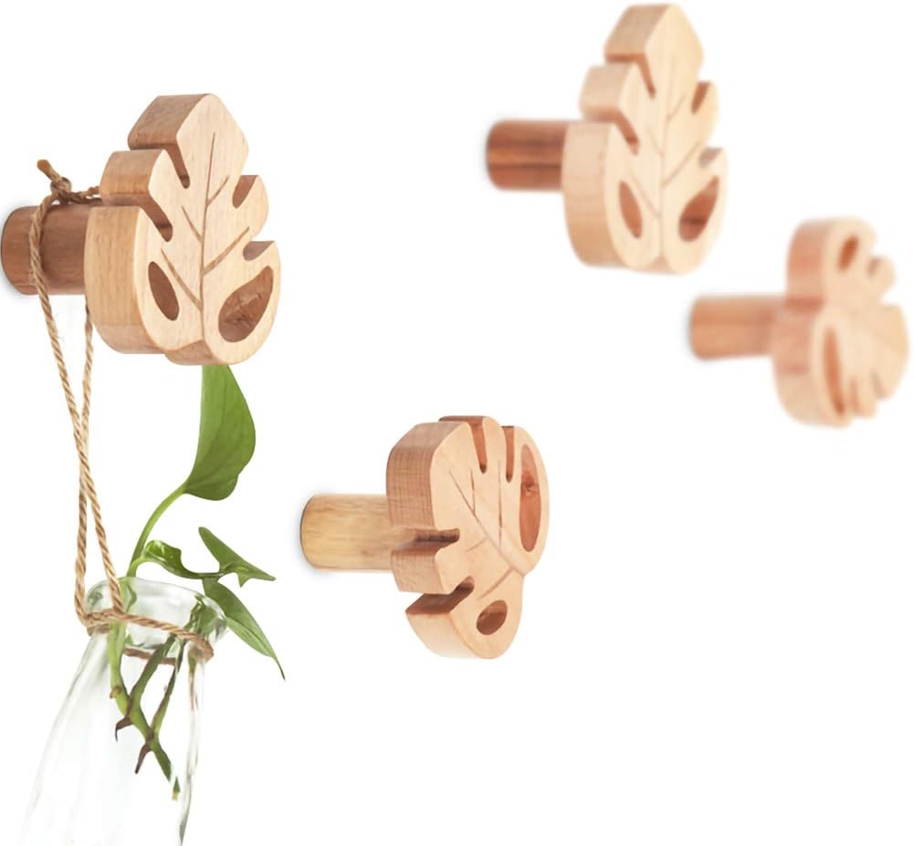 4Pcs Wall Mounted Monstera Wooden Coat Hooks with Mounting Hardware Single Wall Hook Rack Clothes Hanger Organizer (Beech)
