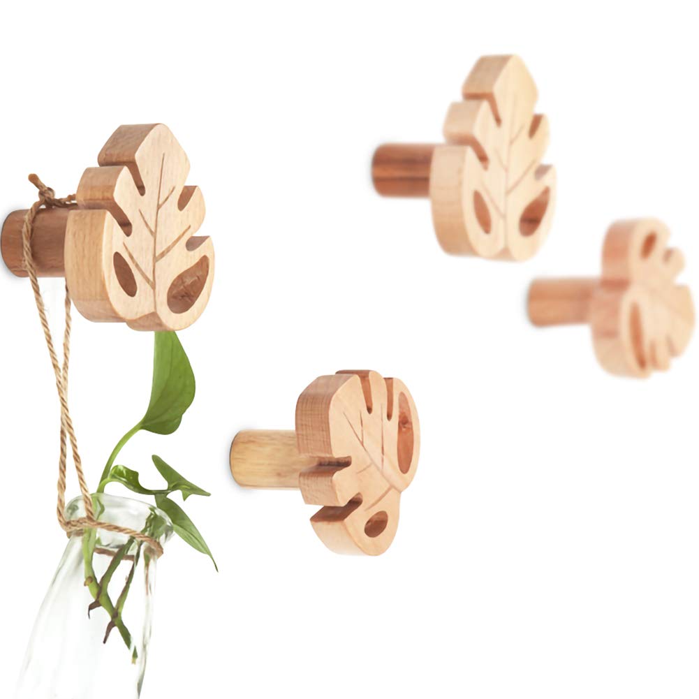Kelendle 4Pcs Wall Mounted Monstera Wooden Coat Hooks with Mounting Hardware Single Wall Hook Rack Clothes Hanger Organizer (Beech)