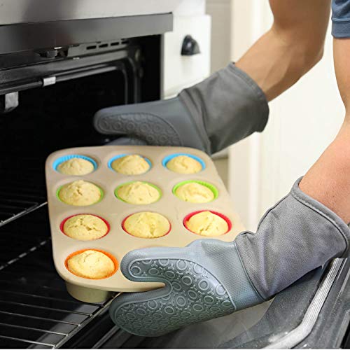 HOMWE Silicone Oven Mitt, Oven Mitts with Quilted Liner, Heat Resistant Pot Holders, Slip Resistant Flexible Oven Gloves, Gray, 1 Pair, 13.7 Inch
