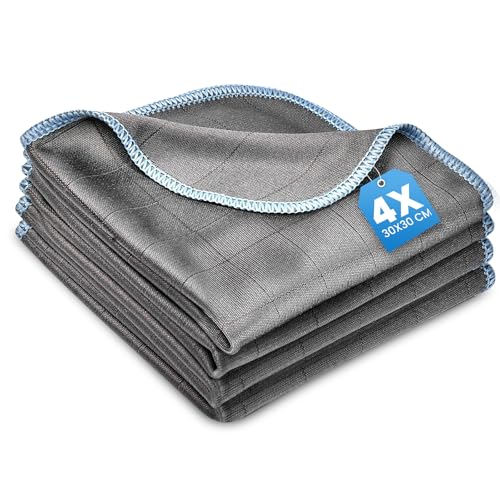 LinkLuck 4X Fensterputztücher Carbon Tücher, 30x30cm Fenstertuch, Microfaser Putztuch, Fusselfreies Poliertuch, Reinigungstuch Carbon Lappen für Kristallklare & Streifenfreie Scheiben