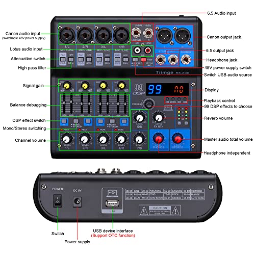 Tiimge Professional 8-Channel Audio Mixer With 99 Dsp Effects, 2-Band Eq And 48V Phantom Power,Bluetooth, Mp3, Usb Recording Input,Portable Sound Mixing Console For Streaming, Pc,Dj Show, Karaoke #TOP5