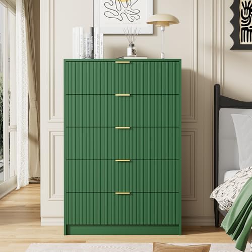 Image of Furniway Green Dresser for Bedroom, Modern Dresser with 5 Drawers and Smooth Slides, Wide Chest of Drawers with Golden Handles for Bedroom, Living Room, Closet, 15.7 inch D x 31.5 inch W x 47.2 inch H