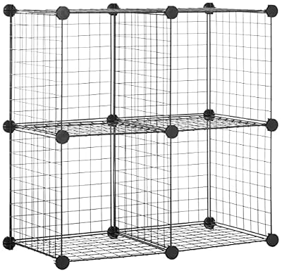 Amazon Basics 4 Cube Wire Grid Storage Organizer, Closet Organizer and Shelves, Stackable, Space-Saving, Easy to Assemble, 14"x14"x14", Black