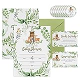 skuhyyg 25 Woodland Baby Shower Invitations with Envelopes，Woodland Diaper Raffle Tickets & Book Request Cards, Woodland Animal Stickers, thank you for showering our little one with love