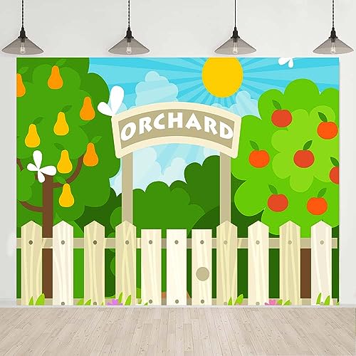 Cartoon Orchard Apple Pear Tree Wood Fence Backdrop 8x6FT