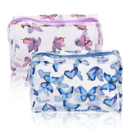 2 Pezzi Beauty Case Trasparente in PVC con Motivo Farfalla, Trousse da Viaggio Impermeabile per Cosmetici e Articoli da Toeletta, 2 Design (Blu)