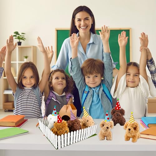 68 Pcs Adopt A Puppy Party Favors Set with 16 Mini Plush Teddy Dog 16 Hats 16 Paper Boxes 16 Adoption Card and Blackboard Chalk Fence Artificial Lawn for Adopt Birthday Party Supplies (Color Style 1) by Haconba - Used condition - Image 6