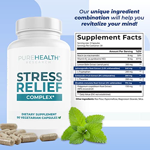 PUREHEALTH RESEARCH Stress Release Complex - Mood Support Supplement for Women & Men - Helps With Occasional Stress & Relaxation - With Ashwagandha, L Theanine, Lemon Balm, Niacin & More - 90 Capsules - Thumbnail 7