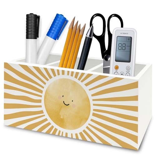 Image of Boho Yellow Sunshine Pen Pencil Holder Organizer for Desk, Cute Smile Groovy Sun Sunshine Wooden Box Signs Decorations for Kids Room Home Classroom Desk Tabletop