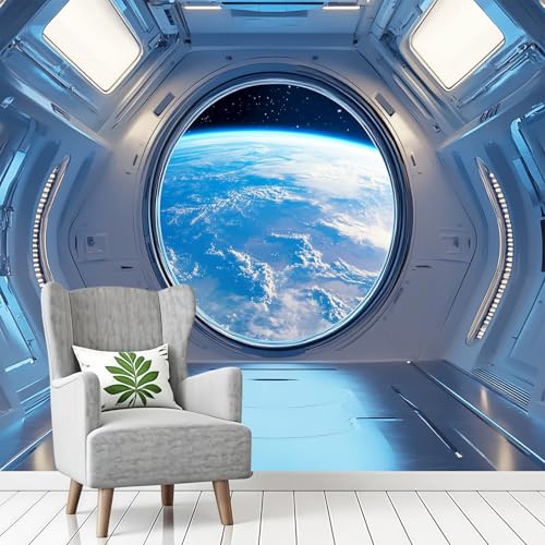 Papel Pintado Fotomural Estación espacial y nave espacial 300 x 210 cm pared cocina salón dormitorio restaurante azul decoración mural moderno