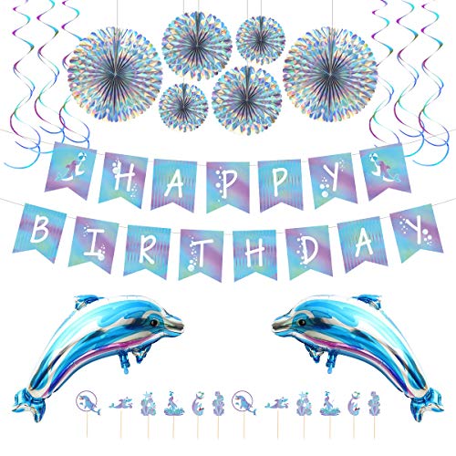 Dolphin Party Decorations Kit - Blue Ocean Theme Birthday Supplies with Balloons Banner Cupcake Toppers & Paper Fans for Kids and Adults