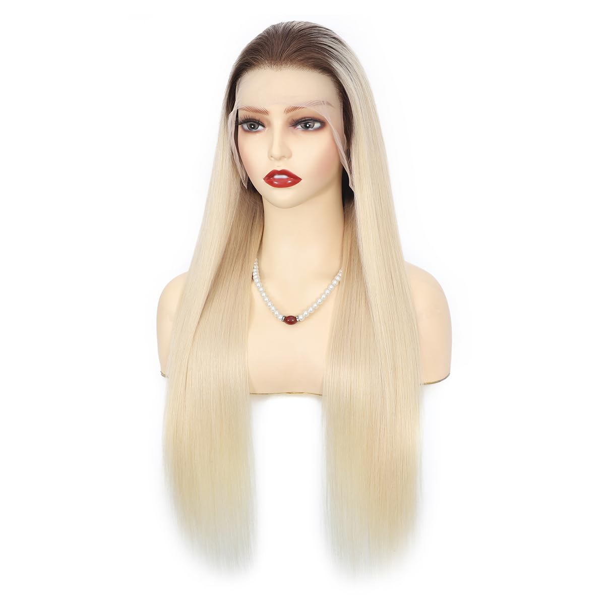 Peruka z prawdziwych włosów ombre, jasny blond dla kobiet, bezklejowa, koronkowa peruka (13 x 6), 100% ludzkie włosy Remy, ciemne wzory, 55 cm
