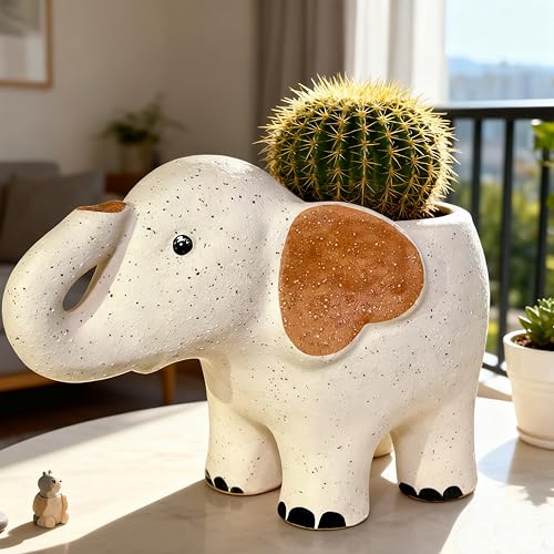 KEEPPACE 9.1 Inch Handmade Ceramic Elephant Planter Pot with Drainage Hole for Succulents, Cactus, Air Plants | Indoor Outdoor Garden Patio Desk Home Decor | Gift for Plant Lovers
