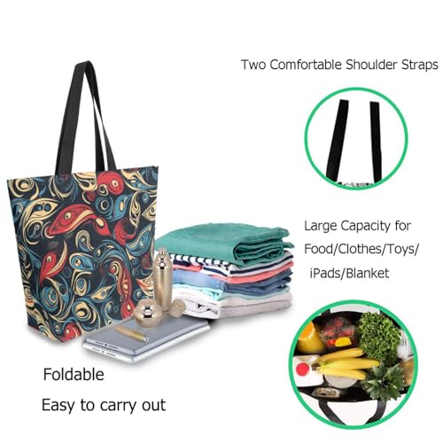 Ethnic Blue Red Decorative Fish Extra Large Canvas Gym Shoulder Tote,Durable Daily Reusable Top Handle Bag for Mens Womens Yoga Weekender Picnic Beach Travel Market Shopping2