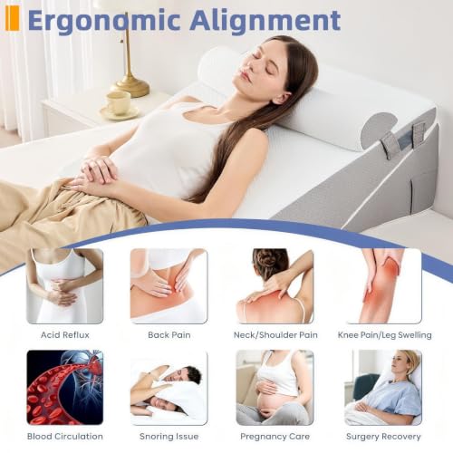 Image of Sasttie Extra Wide Wedge Pillow Set for After Surgery, Dark Grey & White | Bed Wedge Pillow Headboard with Memory Foam Neck Cushion, for Acid Reflux, Sleeping, Neck & Back Support