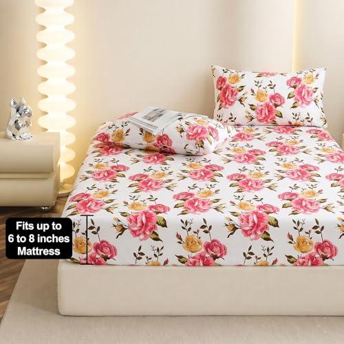 Image of IVAZA Ezyption Cotton Super Soft 240 TC Elastic Fitted All Around Elastic Printed King Size Double Bed Bedsheet with 2 Pillow Cover 72 inch X 78 inch3 Pink White